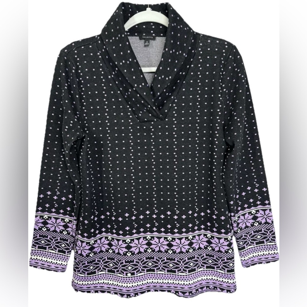 Talbots Fair Isle Tunic Top Womens Medium Black Jacquard Shawl Collar Pullover